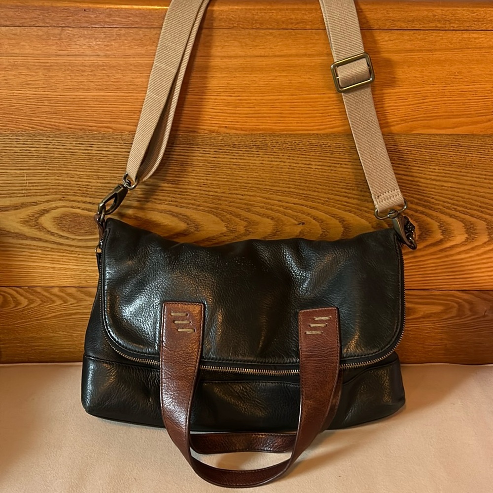 Cynthia Rowley black Genuine Leather Messenger Bag with fold over zip closure